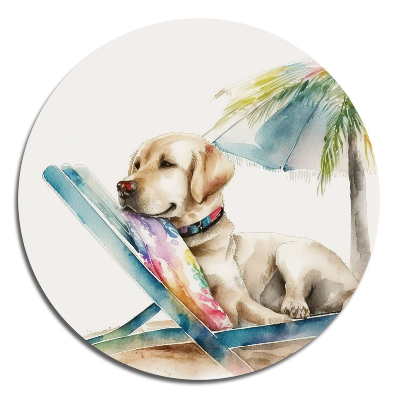 Chien sur une chaise à la plage I - animaux, art en métal rond, 29" H x 29" W