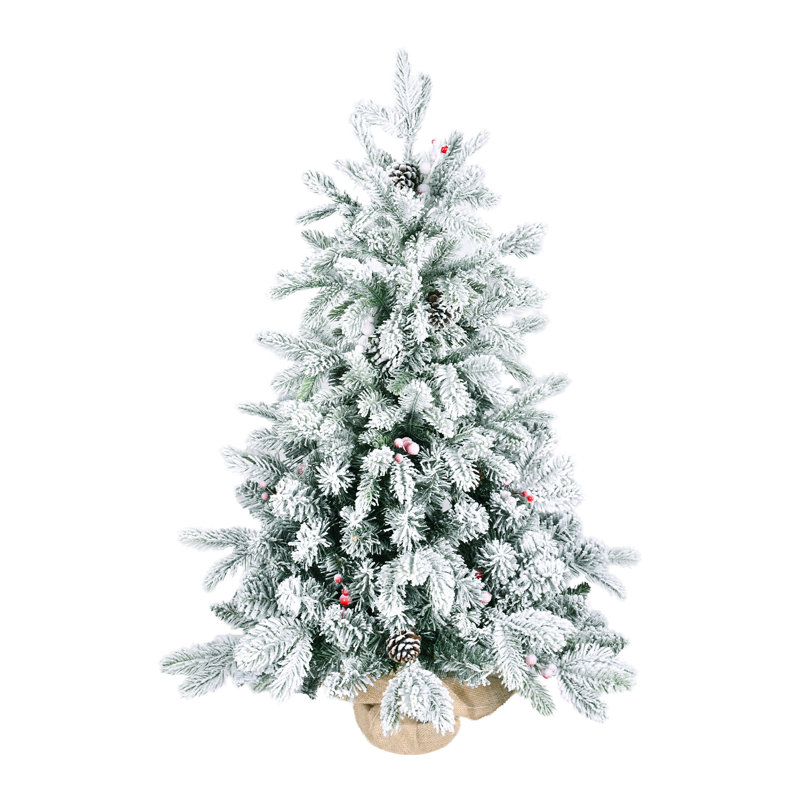 Arbre de Noël enneigé 3 pi avec 355 pointes, pe / branches enneigées, pin et baies pour le décor de la fenêtre des fêtes, scène de neige réaliste, 14, stabilité de base en toile de jute rouge et rustique