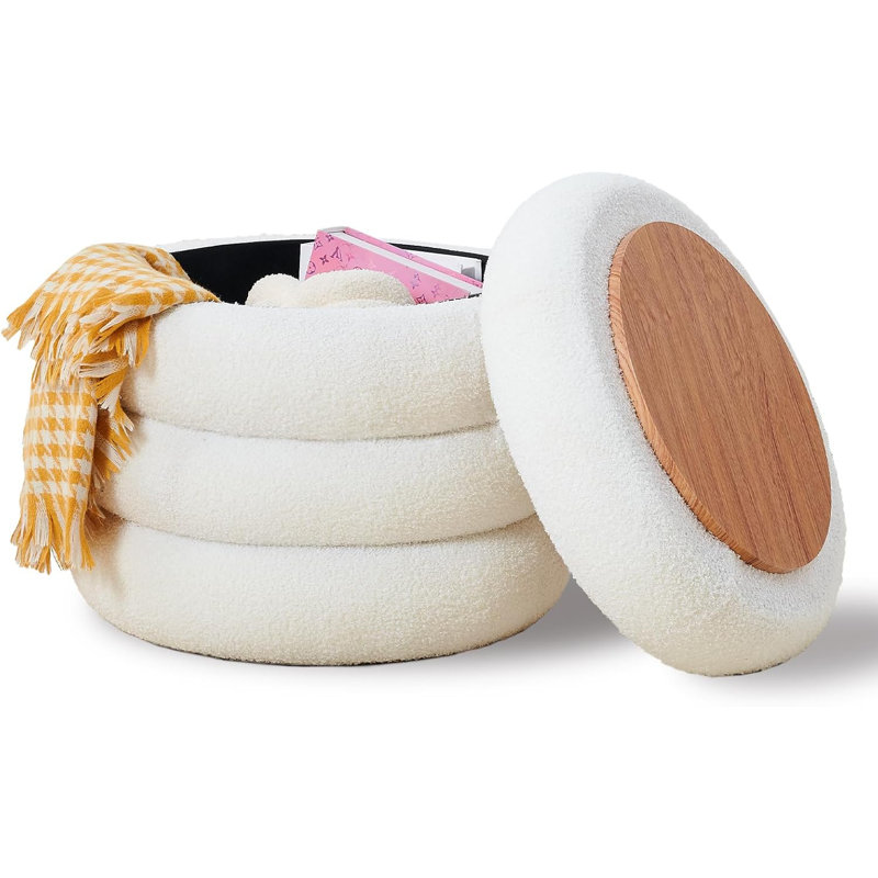 Round Storage Ottoman, Modern Footstool, Vanity Stool with Flip-Top Tray, White