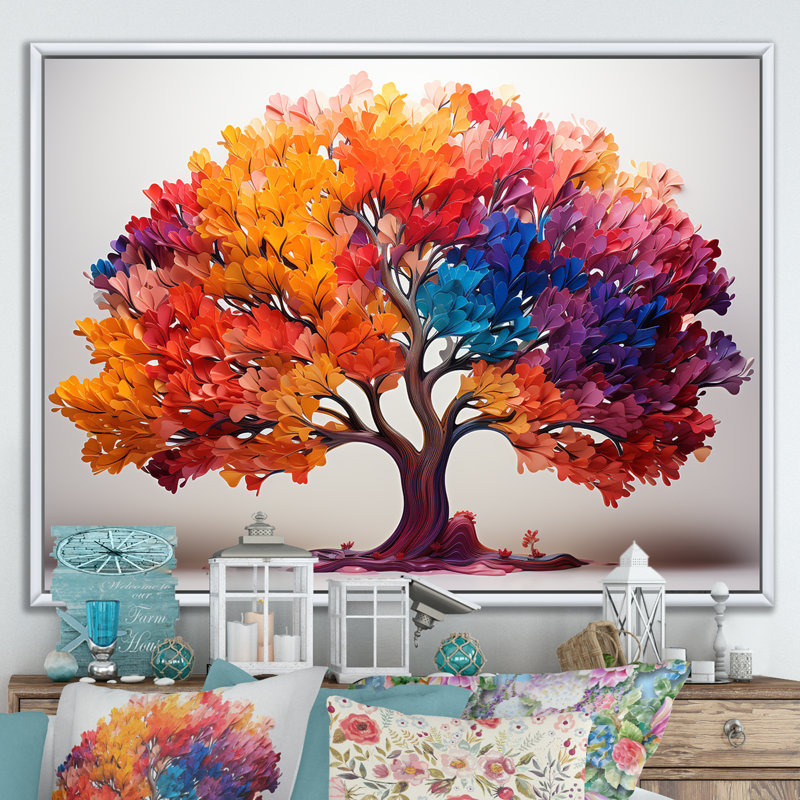 Érable abstraction colorée sur toile, Cadre flottant blanc, H 24 po x l 32 po x P 1 po