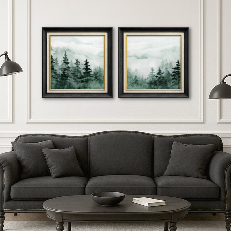 «Green Watercolor Pine Trees», ensemble de 2 brumes encadrées sur toile, H 26 po x l 26 po, Black Gallery Frame