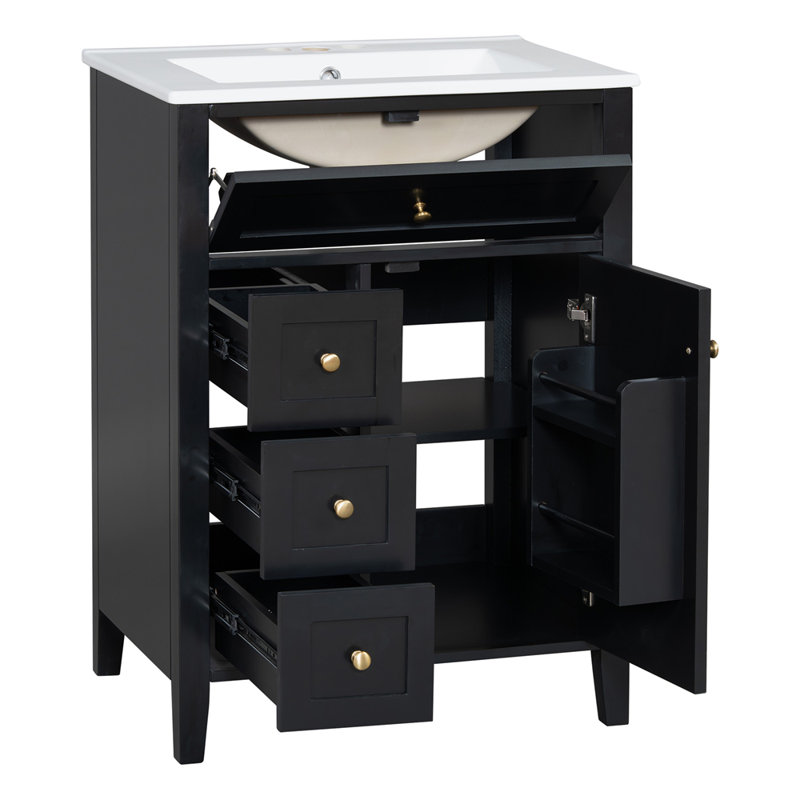 Meuble-lavabo gris 24 po avec lavabo, panneau de fibres à densité moyenne et bois d'hévéa, 3 tiroirs et armoire avec tablettes réglables