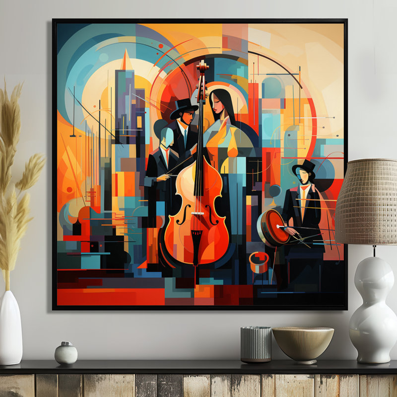 «Geometric Blues Band Double Bass - Musician Wall Art Decor», Toile avec cadre flottant noir, H 16 po x l 16 po x P 1 po