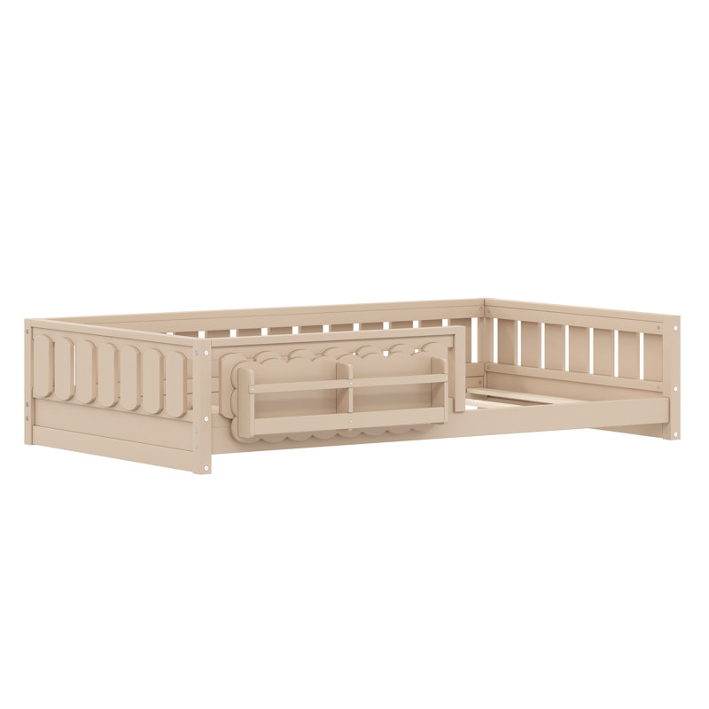 Lit plateforme simple en bois massif avec garde-corps et tablettes de rangement pour enfants, naturel, Lit simple, Naturel