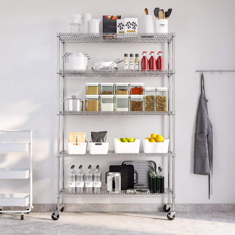 Étagère durable en acier à 5 niveaux avec roulettes certifiée NSF, Acier, H 75 po x l 48 po x P 18 po
