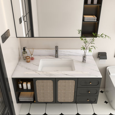 42.99×22.01×0.71 Inch Bianco Carrara Venato Vanity Top, Pre-Drilled 1 Faucet Hole & 4” Backsplash + Undermount Rectangular Sink, White Sintered Stone Bathroom Countertop For Standard 42 Inch Bathroom