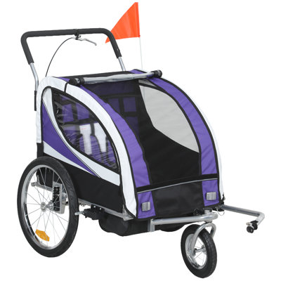 HOMCOM Child Bike Trailer for 2 Kids 5 Point Harness Steel Frame Purple