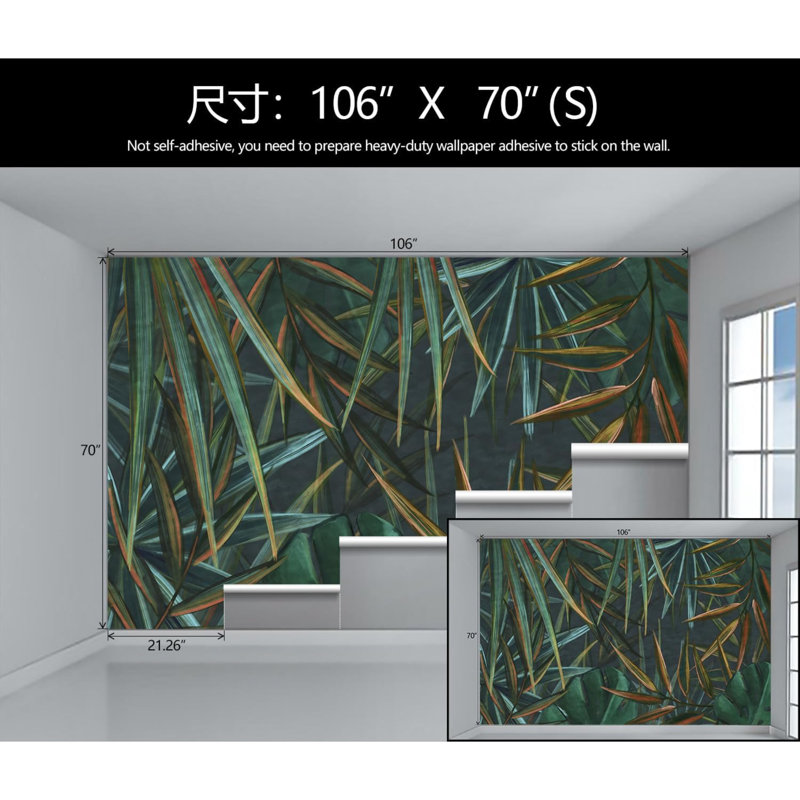 Murale de feuilles de palmier tropical foncé, peinture à l'huile abstraite sur feuilles