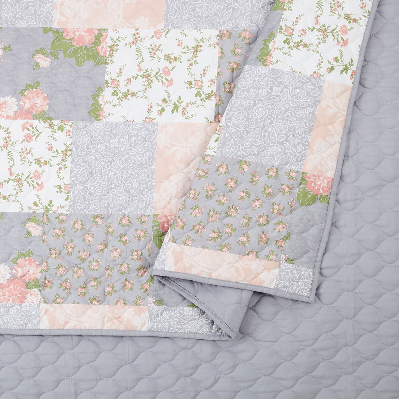 Gray Reversible Twin Microfiber Quilt Set with Floral Design