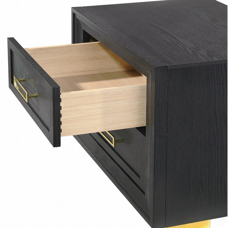 Table de chevet 2 tiroirs, style glamour moderne 1pc, finition noire, finition dorée, quincaillerie dorée