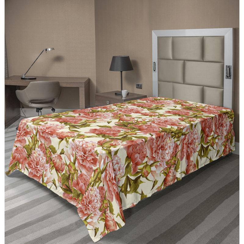 Drap plat Ambesonne, Drap plat pour lit simple TG, Corail, vert olive / floral