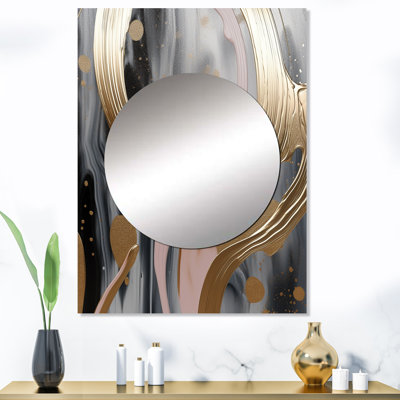 Abstrait doré et rivières infinies roses V - formes abstraites, miroir mural, miroir doré, impression sur métal
