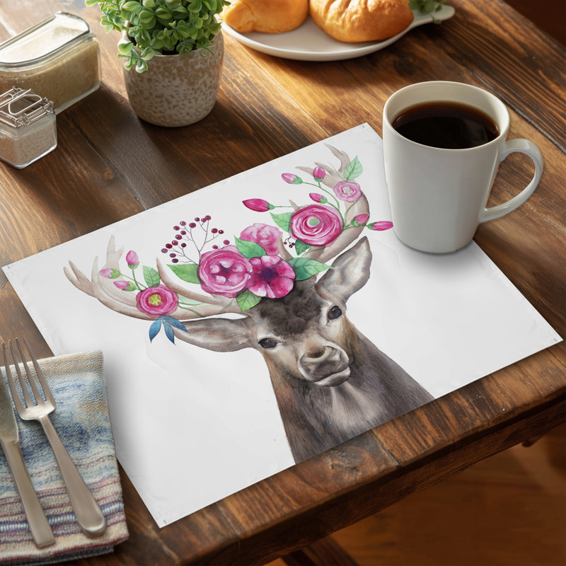 Napperon tête de cerf avec fleurs en polyester brun - Décoration intérieure