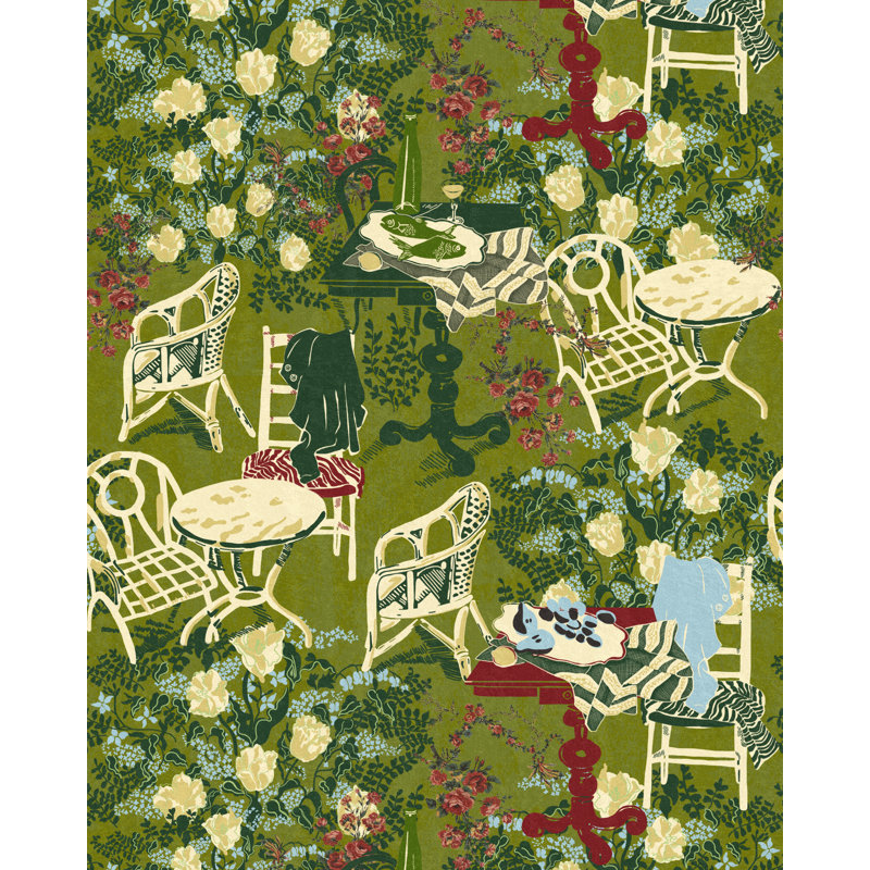 LA DOLCE VITA Wallpaper Roll, Green/Red/Taupe/Blue