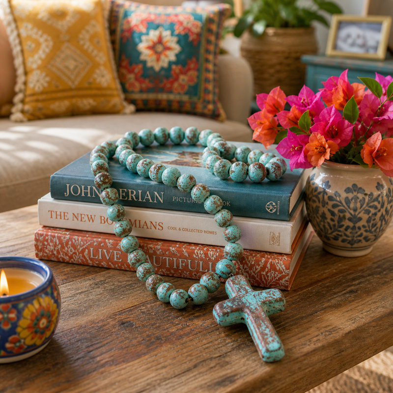 Natural, Hand Fired Clay Rosary With Cross, Teal, 32" H x 3.5" W x 1" D