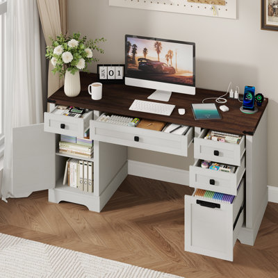  58'' W Rectangle Computer Desk with Storage Cabinet and Drawers, Farmhouse Home Office Desk, Wooden Executive Desk with Charging Station