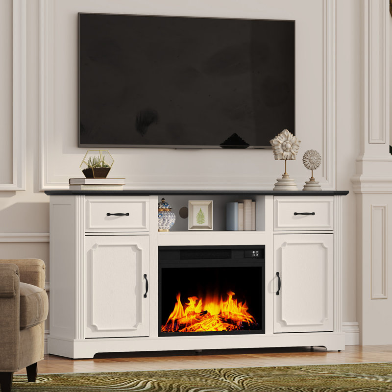 Meuble télé 60 po pour téléviseur de 65 po ou moins avec foyer électrique inclus, Blanc