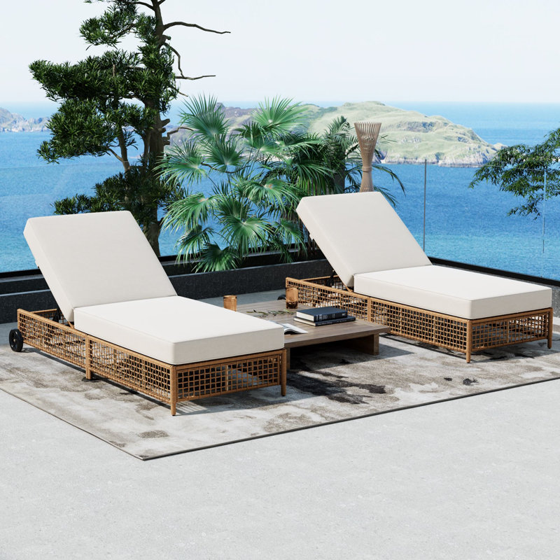 Patio Chaise Lounge With 5-Position Backrest, Cushion & Wheels, Natural, 1
