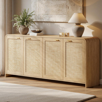 67" Rattan Buffet Cabinet With Storage, Boho Sideboard Cabinet With 4 Doors, Large Credenza Sideboard Buffet For Living Room, Kitchen And Hallway