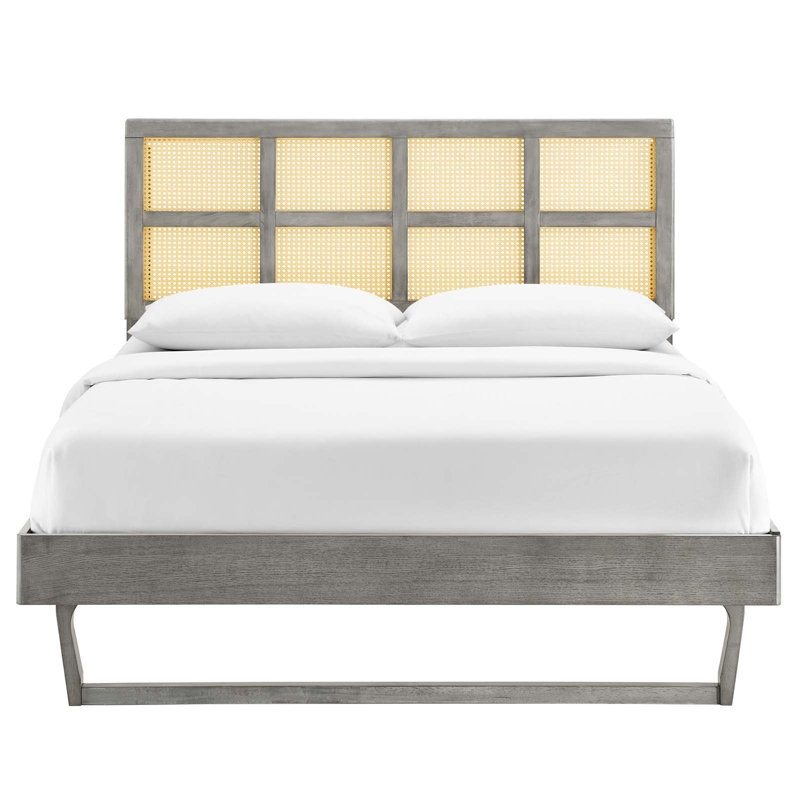 Gray Queen Wood Platform Bed with Cane Headboard