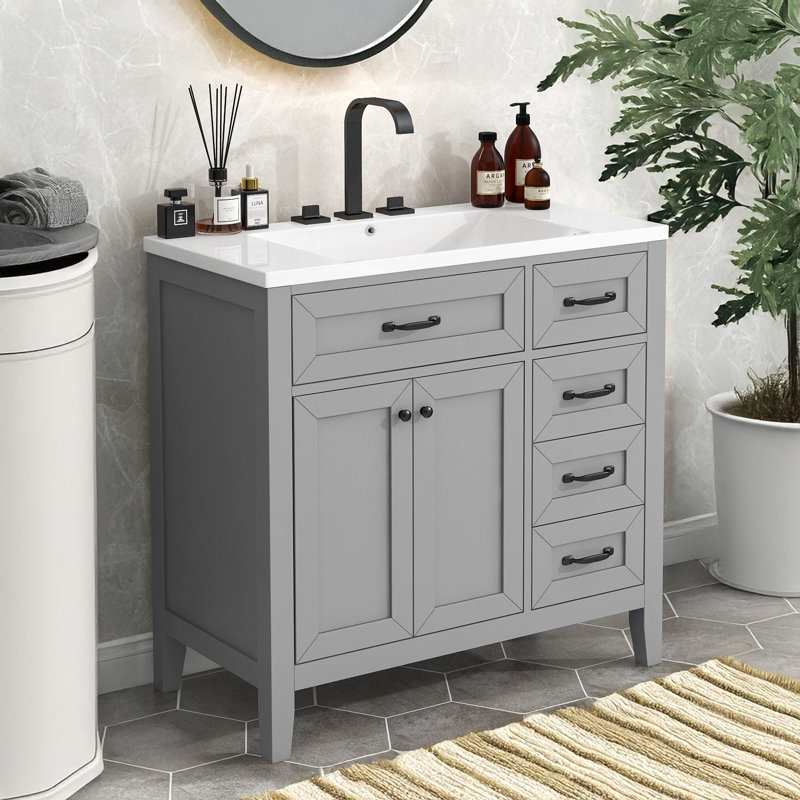 36"Modern Bathroom Vanity with Ceramic Sink, Soft-Close Drawers, Water-Resistant Solid Wood Frame - CARB Certified