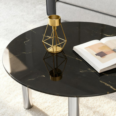 Plateau de table rond en verre trempé de 20,1 po avec motif de marbre noir imprimé, rebord rond épais poli de 0,315 po (8 mm)
