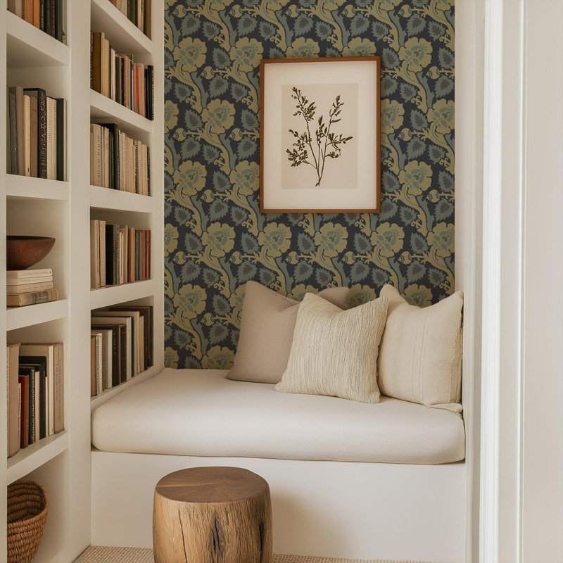 Paisley Briar - Cypress Green Botanical Wallpaper, Honey Gold, Faux Grasscloth