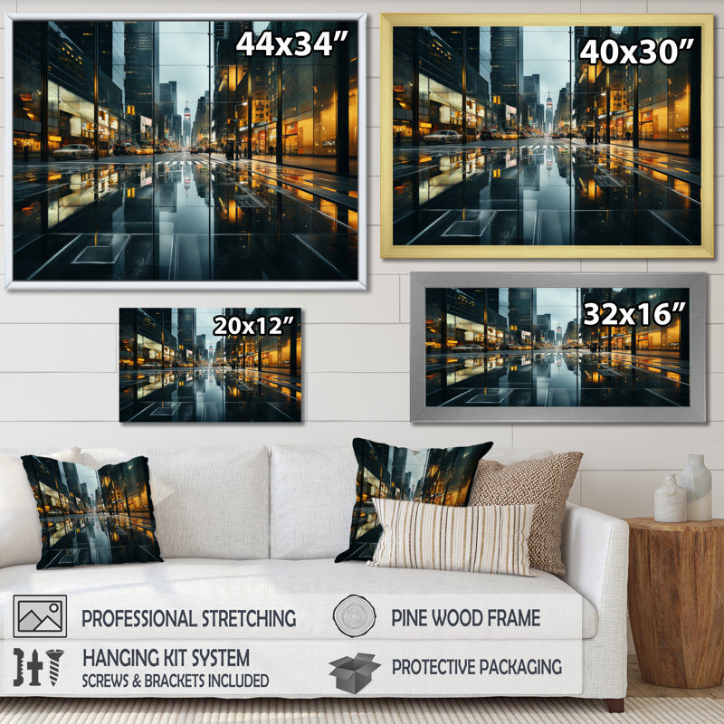 «Skyscrapers Urban Mirage Slate» sur toile, Cadre photo noir, H 12 po x l 20 po x P 1 po