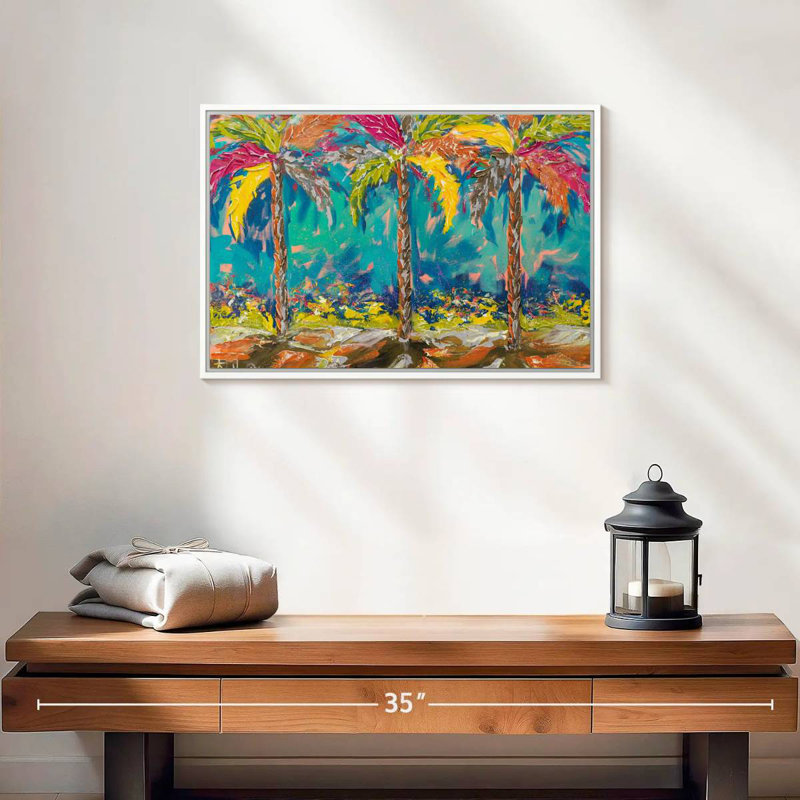 Palmiers d'été tropicaux, 19 po x 13 po, Cadre flottant blanc