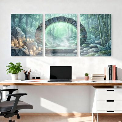 Forest Archway With Candles And Bamboo Canvas Wrapped Wall Art Oil Painting Print Set Of 3