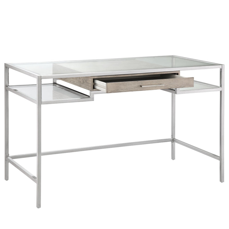 Table de travail élégante avec plateau en métal argenté et plateau en verre trempé sophistiqué, ajoutant une touche de classe à votre espace de travail