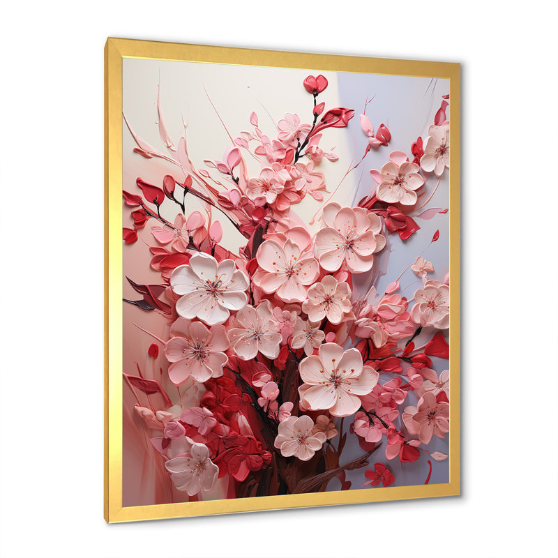 «Pink Orchard Tree Ballet Of Cherry Blossoms IV», art mural cerisier, Cadre doré simple, H 44 po x l 34 po x P 1,5 po