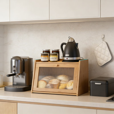 Grande boîte à pain en bambou avec porte en acrylique ondulée, récipient de rangement pour comptoir de cuisine de style campagnard pour le pain et les produits de boulangerie