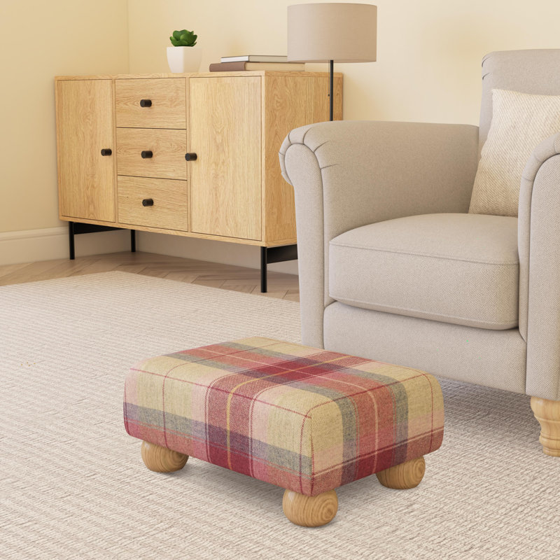 Tartan Material Large Footstools Tartan - Blush Pink - Wood Bun Feet, Natural