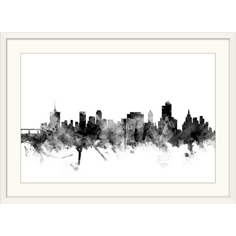 «Francy Tulsa Oklahoma Skyline» par Michael Tompsett - reproduction, Cadre blanc, H 28 po x l 38 po x P 1 po