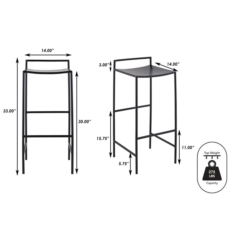 Svelte 30" Coastal Contemporary Iron Saddle-Seat Low-Back Bar Stool with Foot Rest, Black