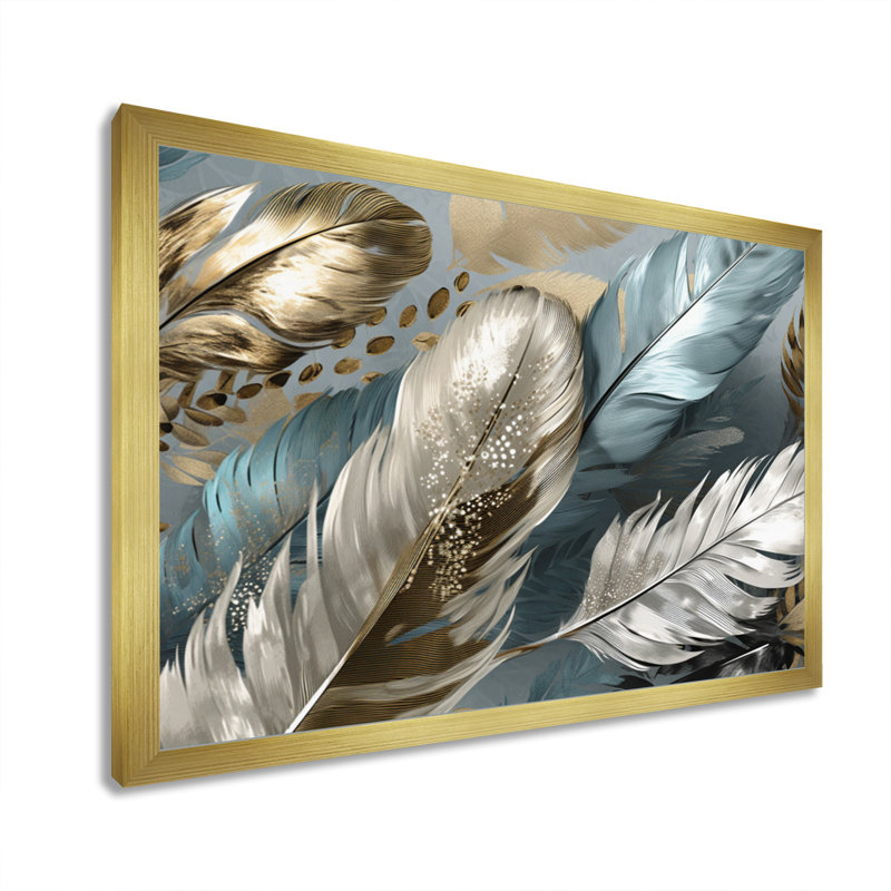 Zacharie, plumes dorées dorées IV sur toile, H 12 po x l 20 po x P 1 po, Encadrement doré