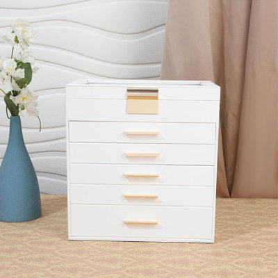 6-Layer Jewellery Box Organizer With Glass Lid - Large Storage For Necklaces, Bracelets, Earrings, Rings, And Makeup Accessories - Luxury PU Leather