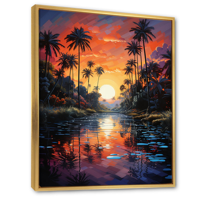 «Kleisthenes Orange Palm Trees Mosaic VII», reproduction d'art sur toile, H 40 po x l 30 po x P 1,5 po, Cadre flottant doré