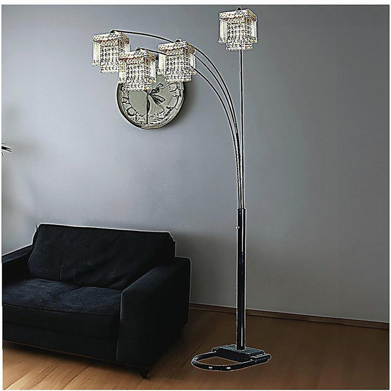 Black 4-square crystal-inspired arched floor lamp, Black/Gold