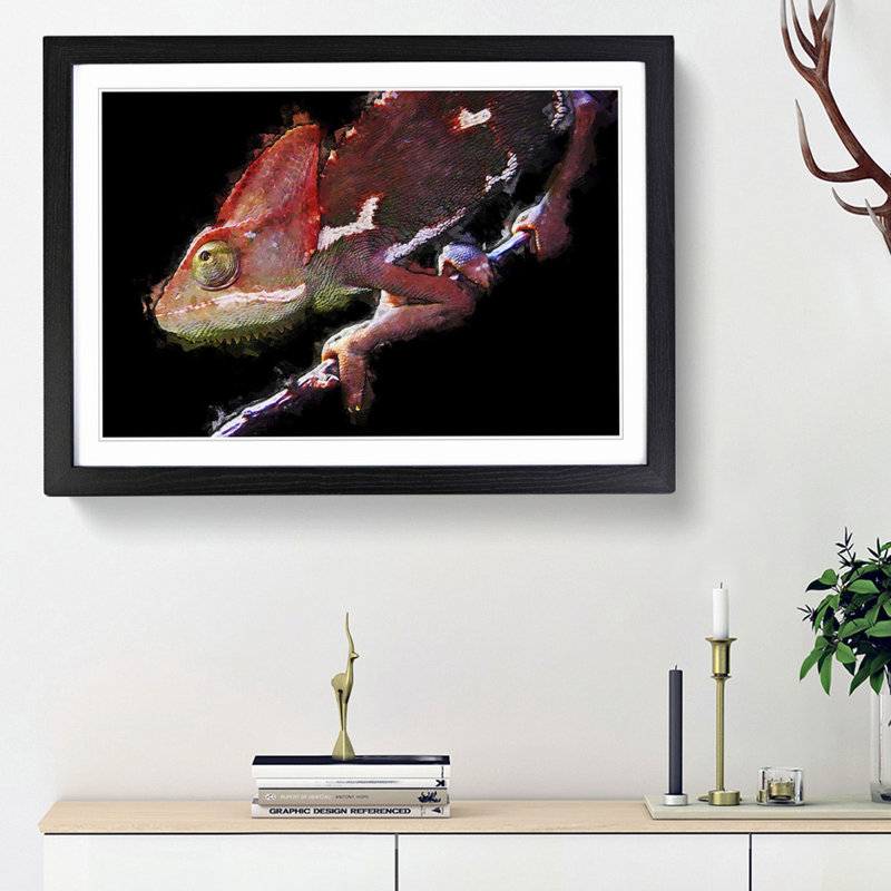 Red Chameleon Lizard in Abstract - Picture Frame Graphic Art Print, 48cm H x 65cm W x 2cm D, Black Framed