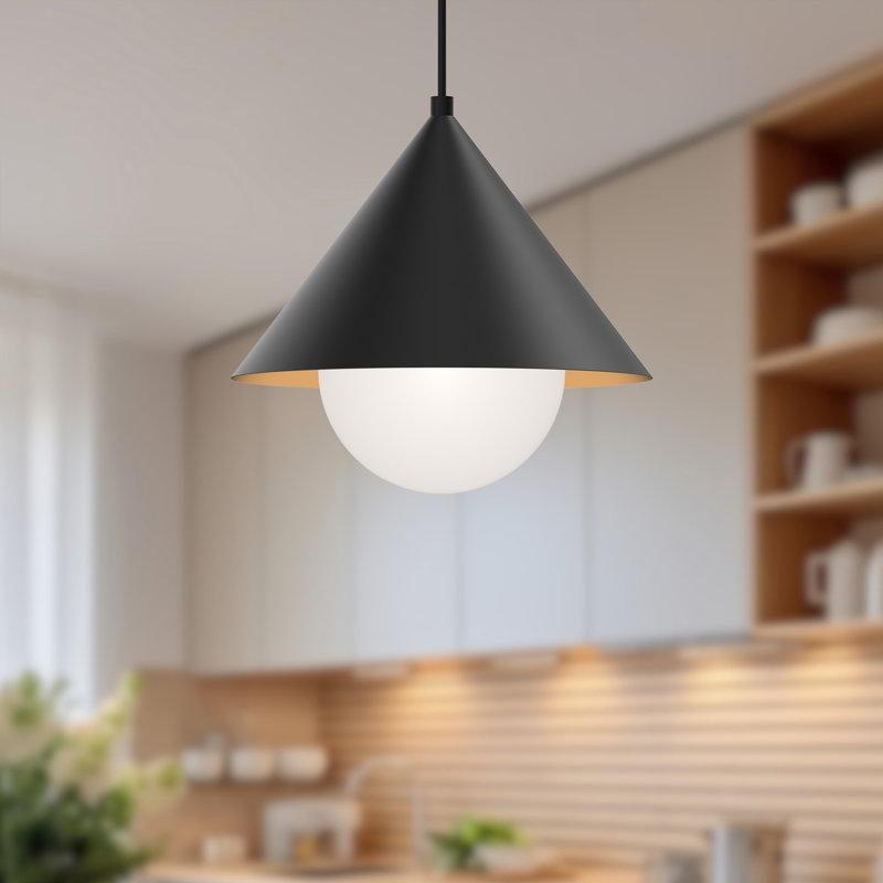 Luminaire suspendu conique 1 lumière Ireland, Noir mat / verre opale