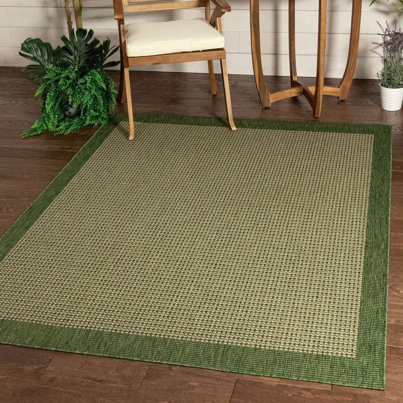 Marshanna Odin Solid Striped Border Indoor Outdoor Green Flatweave Rug, Rectangle 5'3" x 7'3"