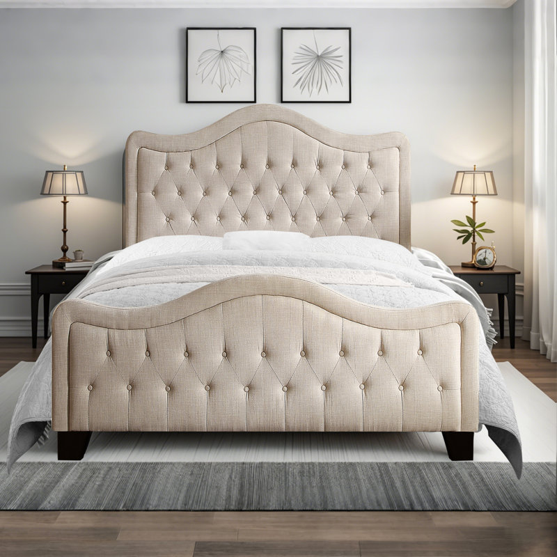Lark Manor™ Upholstered Tufted Natural Linen Adjustable Headboard Bed, Beige, Queen