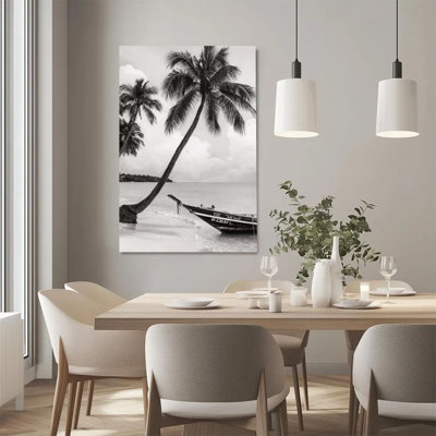 1 pièce, impression sur toile encadrée, plage tropicale, cocotiers et bateaux à longue queue, noir et blanc, art mural de style photographie, parfait pour la décoration de la chambre, le salon, la chambre, la cuisine, la salle de bain, le cadeau idéal pour la décoration murale, plat à plat