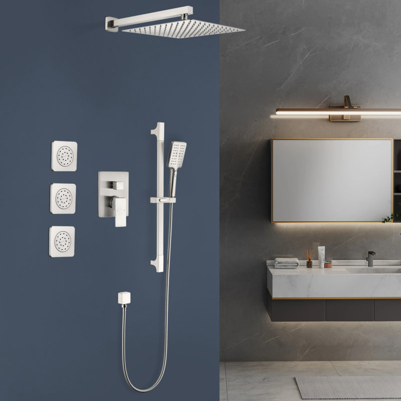 1-Spray 11.8 In. Wall-Mounted Dual Fixed And Handheld Shower Head 2.5 GPM With Slide Bar, Body-Sprays, Brushed Nickel