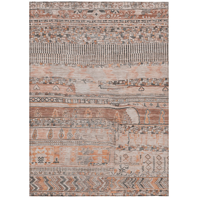 Machine Washable Indoor/Outdoor Xhevrie Terracotta Rug, Rectangle 10' x 14'