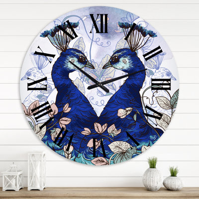 Deux paons bleus avec des fleurs sauvages - horloge murale traditionnelle