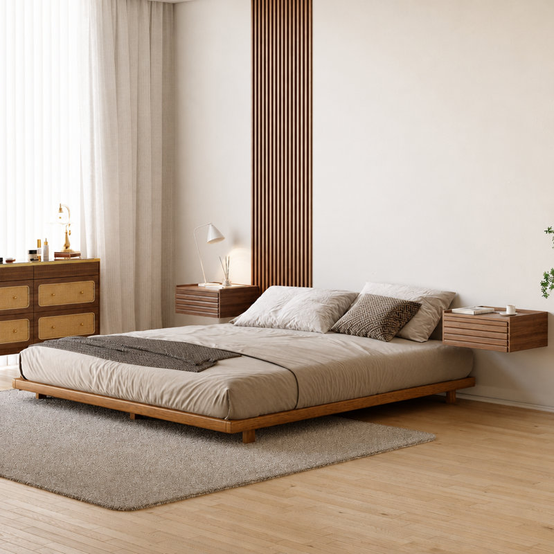 Structure de lit en métal de style japonais avec très grand lit et sans sommier pour la chambre à coucher couleur noyer