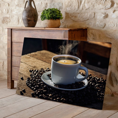 Toile, gros plan d'une tasse fumante de café, art mural posé sur une soucoupe blanche entourée de toast foncé